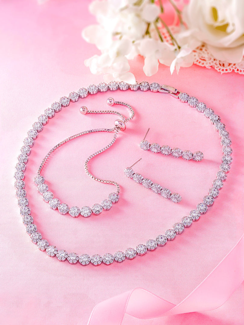 Rhodium Plated With Round Cz Earrings Bracelet Necklace Set, Cz Halo Necklace Set, Brass Necklace, Halo Cz Necklace, Party Wear Necklace Set
