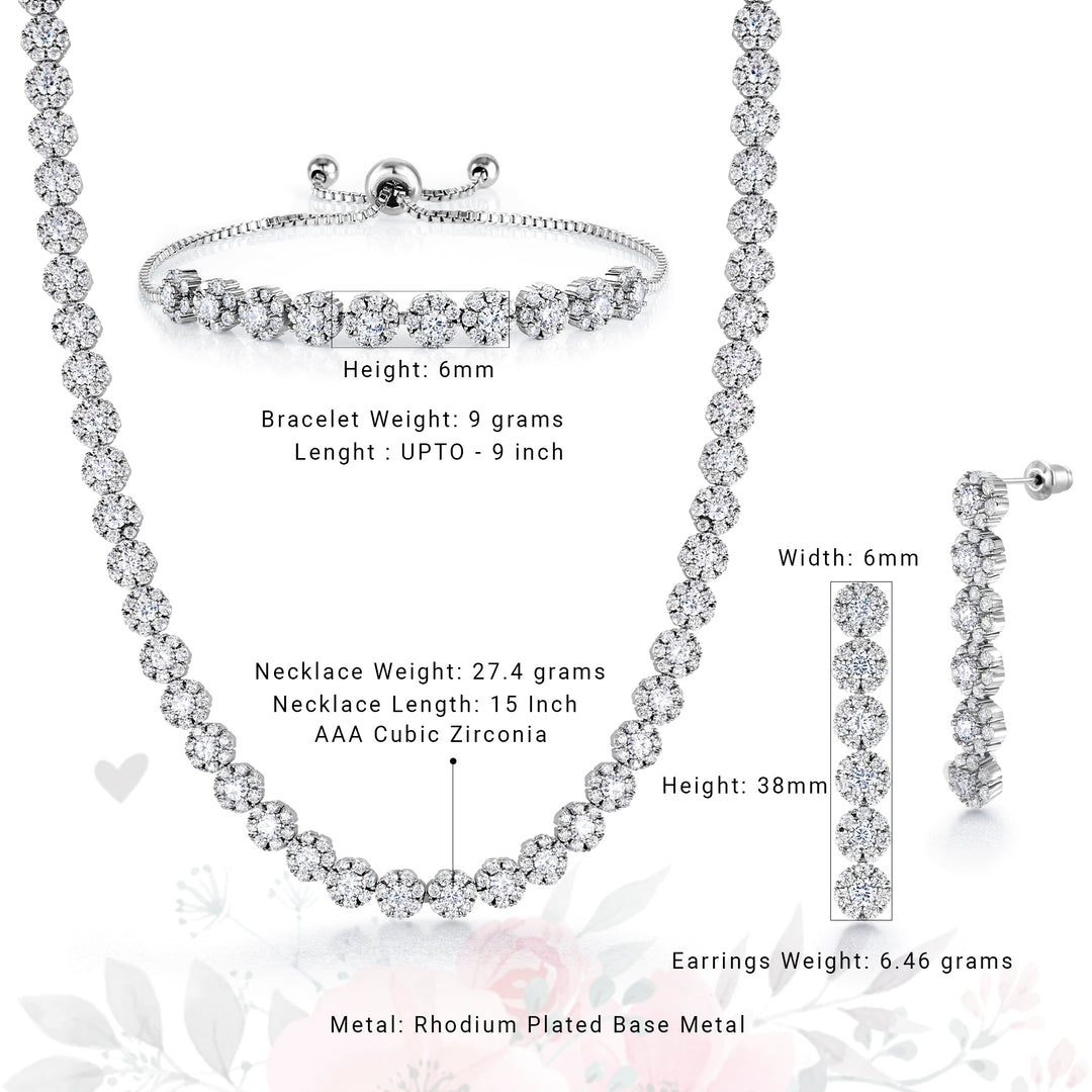 Rhodium Plated With Round Cz Earrings Bracelet Necklace Set, Cz Halo Necklace Set, Brass Necklace, Halo Cz Necklace, Party Wear Necklace Set
