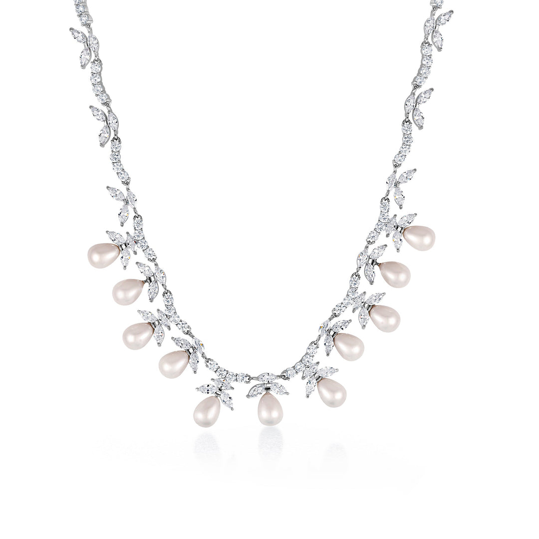 Freshwater Pearl Marquise CZ Wedding Necklace Set- 17 Inch Length, Wedding Necklace Set, Marquise CZ Necklace Set, Pearl Necklace Set, Party Wear Necklace Set