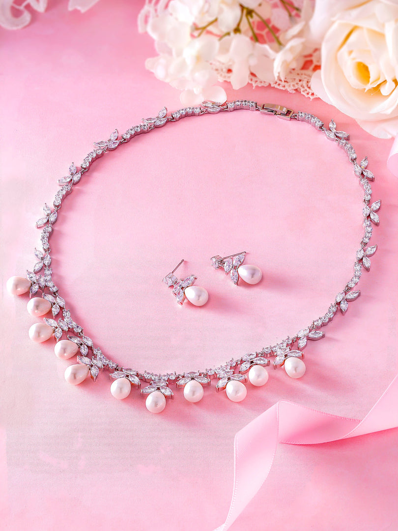 Freshwater Pearl Marquise CZ Wedding Necklace Set- 17 Inch Length, Wedding Necklace Set, Marquise CZ Necklace Set, Pearl Necklace Set, Party Wear Necklace Set