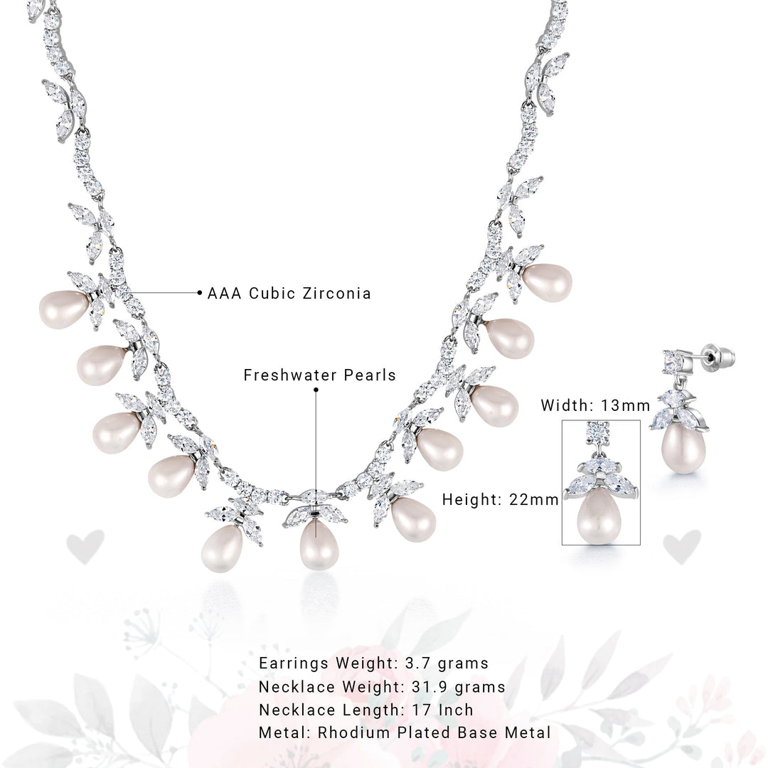 Freshwater Pearl Marquise CZ Wedding Necklace Set- 17 Inch Length, Wedding Necklace Set, Marquise CZ Necklace Set, Pearl Necklace Set, Party Wear Necklace Set