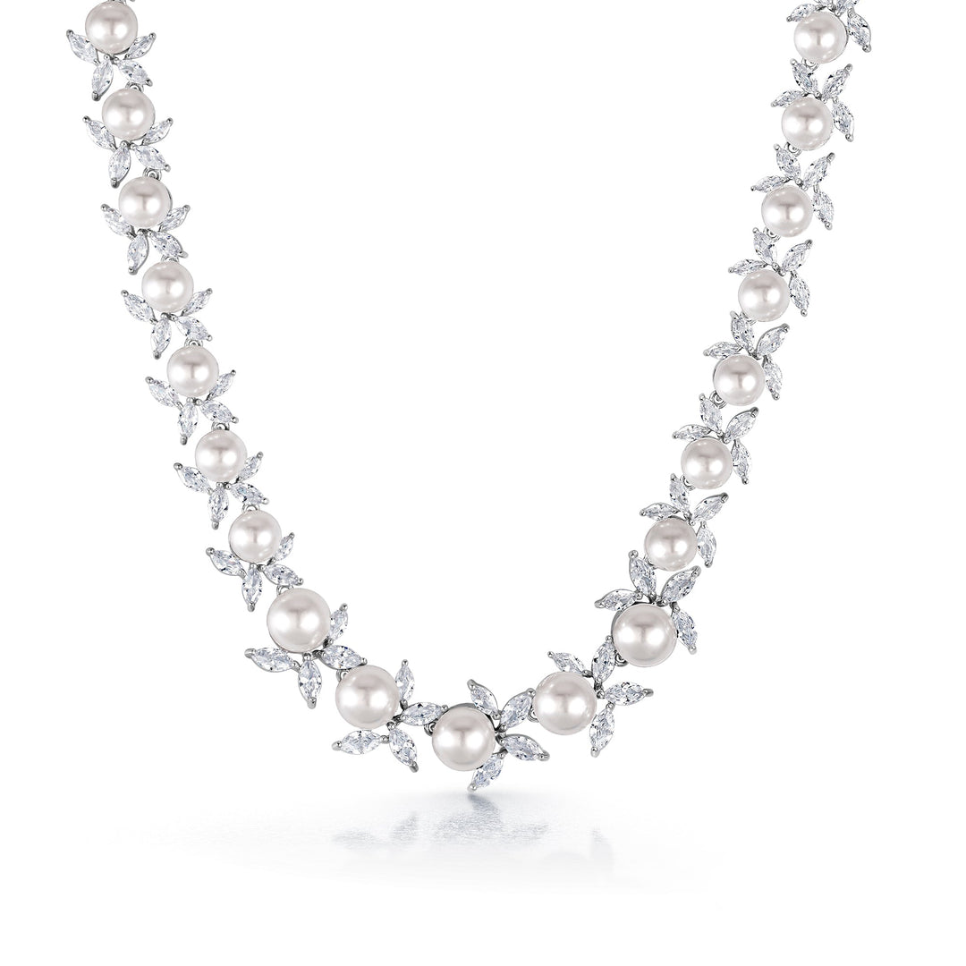 Pearl And CZ Wedding Necklace Set- 17 Inch, CZ Necklace Set, Pearl Necklace Set, Wedding Necklace Set, Brass Necklace Set, PArty Wear Necklace Set