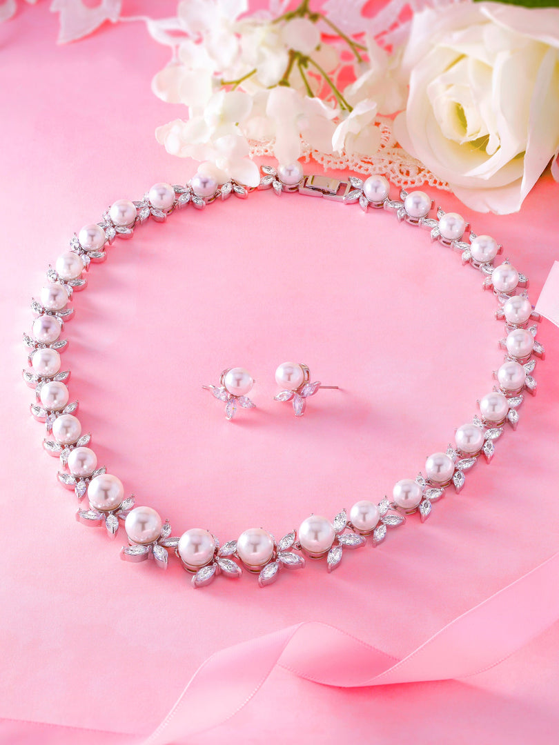 Pearl And CZ Wedding Necklace Set- 17 Inch, CZ Necklace Set, Pearl Necklace Set, Wedding Necklace Set, Brass Necklace Set, PArty Wear Necklace Set