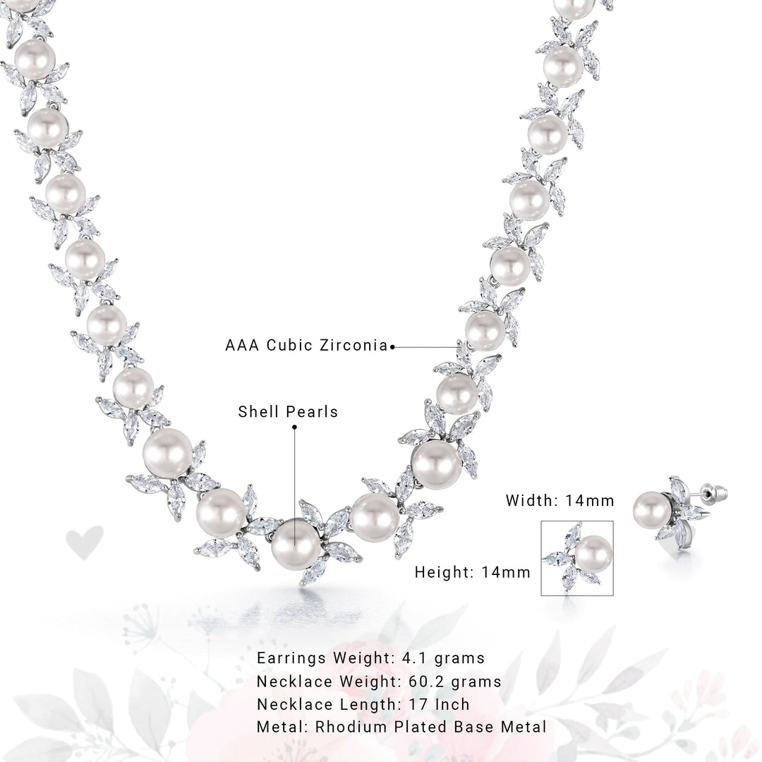 Pearl And CZ Wedding Necklace Set- 17 Inch, CZ Necklace Set, Pearl Necklace Set, Wedding Necklace Set, Brass Necklace Set, PArty Wear Necklace Set