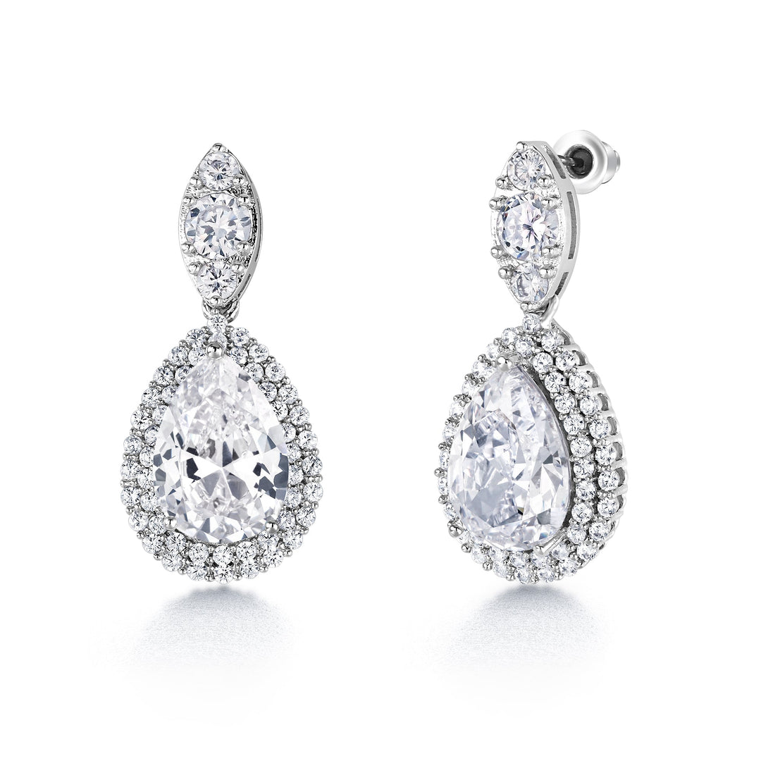 Teardrop And Round CZ Necklace Set - 18 Inch Length, Halo Design Necklace Set, Cz Bridal Jewelry Set, Wedding Necklace, Party Wear Necklace Set