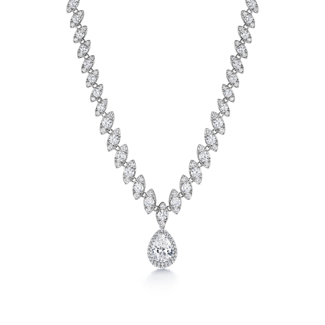 Teardrop And Round CZ Necklace Set - 18 Inch Length, Halo Design Necklace Set, Cz Bridal Jewelry Set, Wedding Necklace, Party Wear Necklace Set