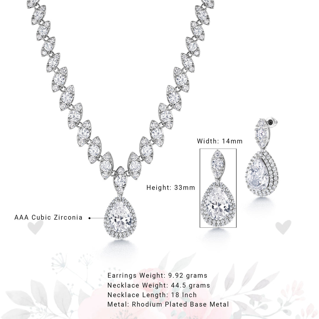Teardrop And Round CZ Necklace Set - 18 Inch Length, Halo Design Necklace Set, Cz Bridal Jewelry Set, Wedding Necklace, Party Wear Necklace Set