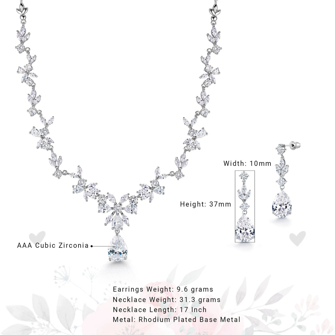 Pear and Marquise CZ Rhodium Plated Necklace Set- 17 Inch, Wedding Necklace Set, Pear Shape Cz Necklace Set, Marquise CZ Necklace Set, Party Wear Necklace Set