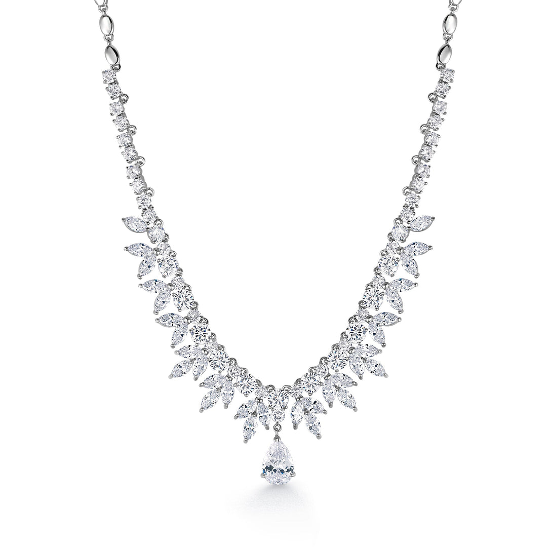 Rhodium Plated Teardrop CZ Wedding Necklace Set - 15 Inch Length,  Teardrop Bridal CZ Jewelry Set, Brass Wedding Jewelry Set