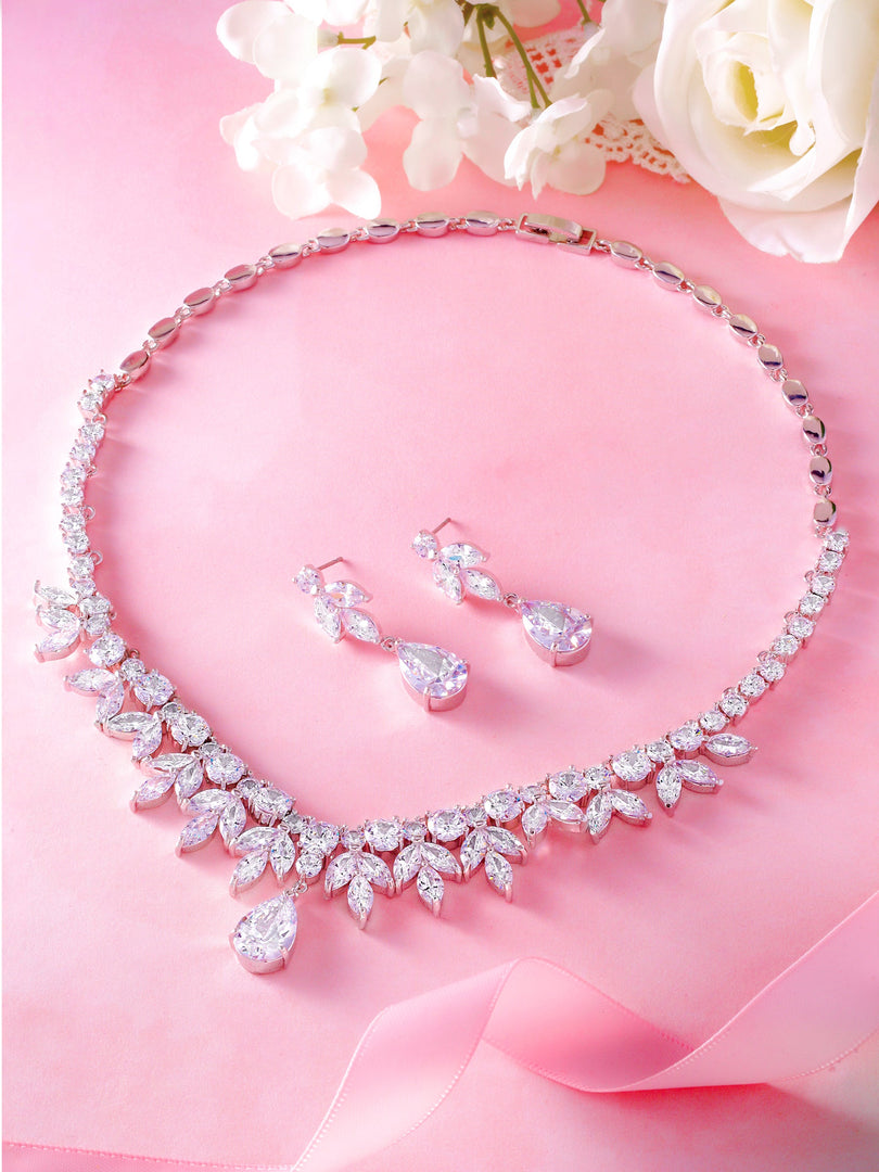 Rhodium Plated Teardrop CZ Wedding Necklace Set - 15 Inch Length,  Teardrop Bridal CZ Jewelry Set, Brass Wedding Jewelry Set