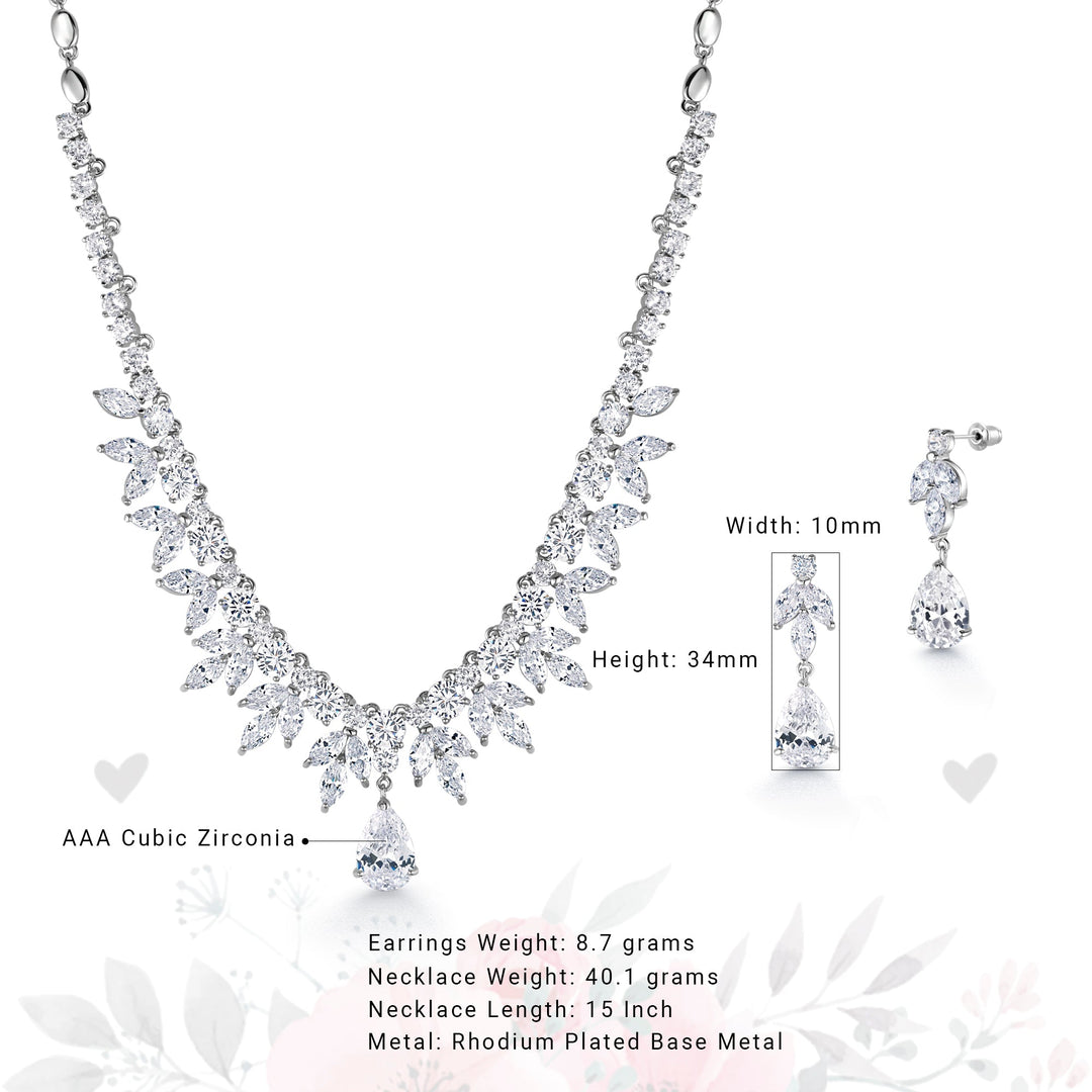 Rhodium Plated Teardrop CZ Wedding Necklace Set - 15 Inch Length,  Teardrop Bridal CZ Jewelry Set, Brass Wedding Jewelry Set