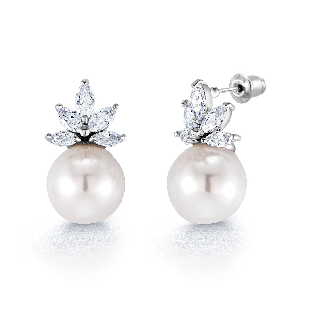 Pearl and Marquise CZ Rhodium Plated Wedding Necklace Set- 16 Inch, Wedding Necklace Set, Marquise CZ Necklace Set, Pearl And Cz Necklace Set, Party Wear Necklace Set