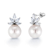 Pearl and Marquise CZ Rhodium Plated Wedding Necklace Set- 16 Inch, Wedding Necklace Set, Marquise CZ Necklace Set, Pearl And Cz Necklace Set, Party Wear Necklace Set