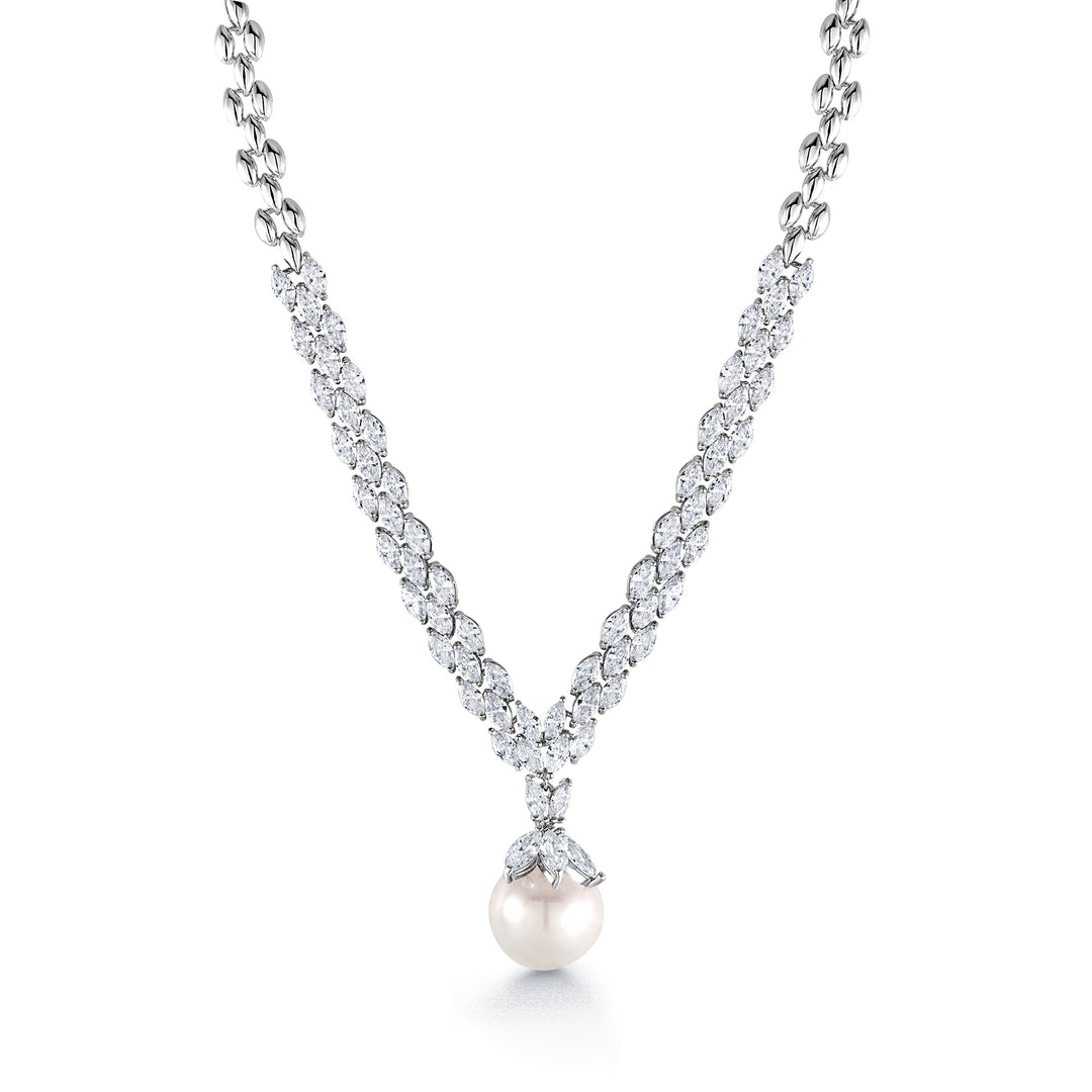 Pearl and Marquise CZ Rhodium Plated Wedding Necklace Set- 16 Inch, Wedding Necklace Set, Marquise CZ Necklace Set, Pearl And Cz Necklace Set, Party Wear Necklace Set