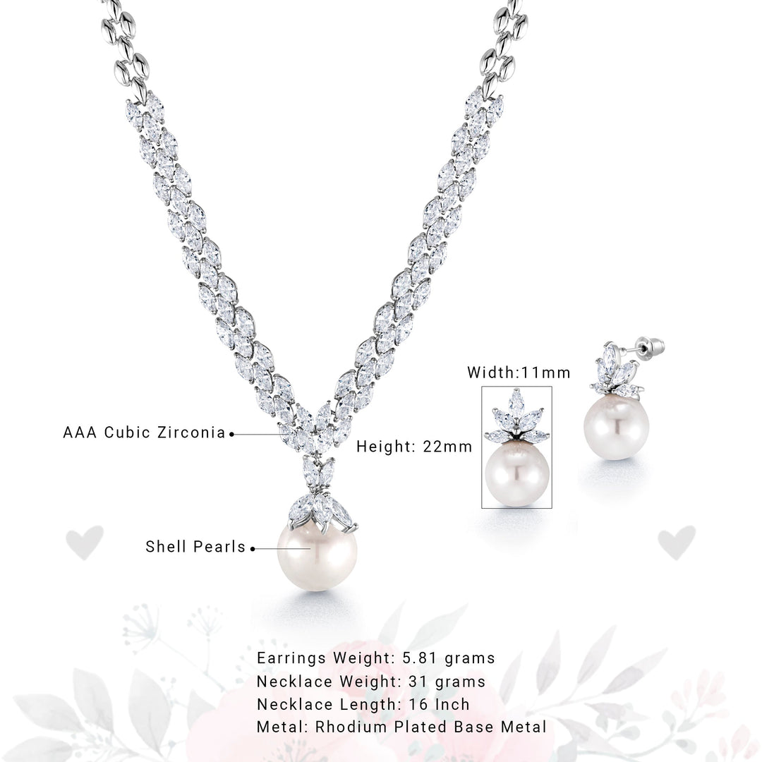 Pearl and Marquise CZ Rhodium Plated Wedding Necklace Set- 16 Inch, Wedding Necklace Set, Marquise CZ Necklace Set, Pearl And Cz Necklace Set, Party Wear Necklace Set