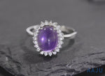 Load and play video in Gallery viewer, 925 Sterling Silver Oval Simulated Amethyst Halo Ring, Amethyst Halo Rings, February Birthstone Jewelry, Silver Jewelry, Adjustable Rings, Hypoallergenic Ring, Halo Ring
